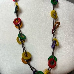 Necklace, multi color, wooden and leather.